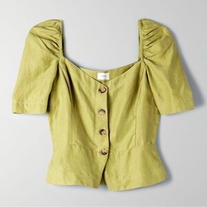 Wilfred| Aritzia| Janine Light Green Linen Blend Button-Down Peplum Blouse Sz S